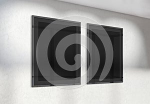 Two vertical frames Mockup hanging on wall. Mock up of billboards in modern concrete office interior 3D rendering