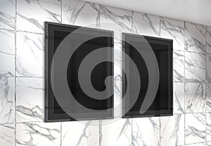 Two vertical frames Mockup hanging on wall. Mock up of billboards in modern marble office interior 3D rendering