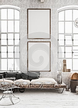 Two vertical Mock-up posters in shabby interior background, Scandinavian style