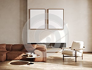 Two vertical poster frame mock up in scandinavian style living room interior, modern living room interior background, 3d rendering