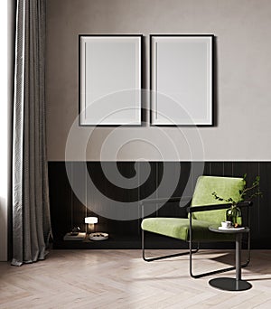 Two vertical poster frame mock up in scandinavian style living room interior, modern living room interior background, 3d rendering