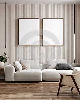 Two vertical poster frame mock up in scandinavian style living room interior, modern living room interior background, white sofa,