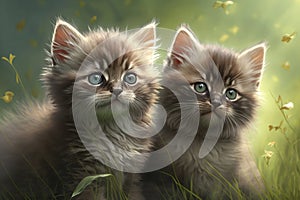 Two very cute kittens playing in the green grass in the sunshine created with generative AI technology