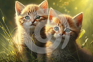 Two very cute kittens playing in the green grass in the sunshine created with generative AI technology