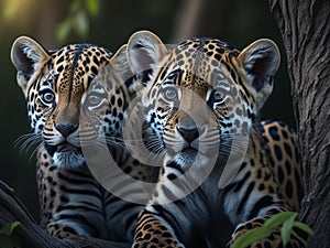 two very cute leopard cubs stalking their prey in the woods