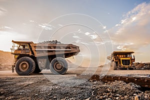 Two very large Mining Dump Trucks for transporting ore rocks