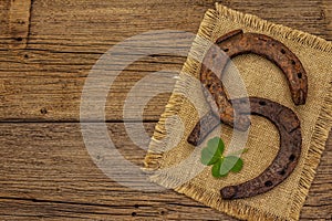 Two very old cast iron metal horse horseshoes, fresh clover leaf. Good luck symbol, St.Patrick`s Day concept