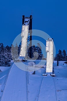 Two very tall ski jumping slopes or towers in Falun, Sweden