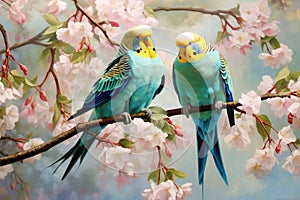 Two vibrant blue and yellow parakeets rest gracefully on a tree branch, Two parakeets tweeting on the branch of a blossoming tree