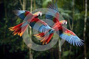 Two vibrant parrots with colorful feathers soaring through the sky, A pair of tropical macaws flying over the Amazon rainforest,