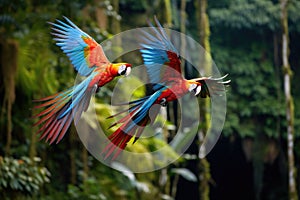 Two vibrant parrots soar gracefully across the sky, A pair of tropical macaws flying over the Amazon rainforest, AI Generated