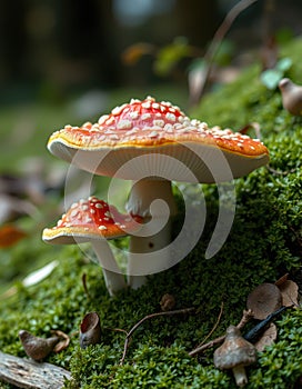 Red and white toadstools grow among lush green moss in a forest
