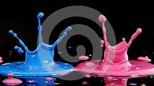 Two vibrant streams of water, one blue and one pink, elegantly splashing and intertwining with each other against a