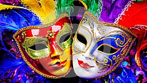 Two Vibrant Venetian masks with feathers and glitter, embodying flamboyance of a masquerade