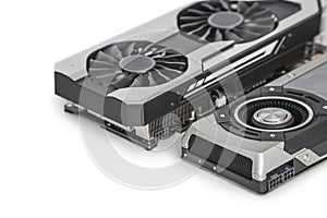 Two Video Graphics cards with powerful GPU isolated on white background