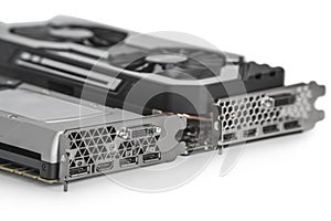 Two Video Graphics cards with powerful GPU isolated on white background