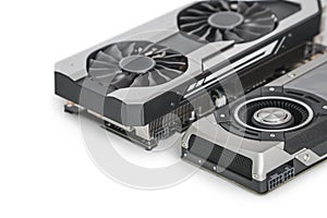 Two Video Graphics cards with powerful GPU isolated on white background photo