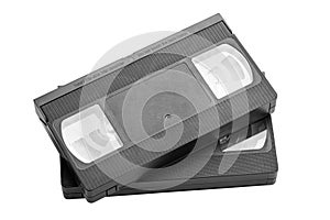 Two videotapes VHS isolated on white background. Vintage media