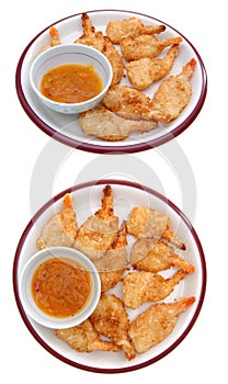 Two view of coconut shrimp dish