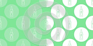 Two view seamless pattern of bottle of vermouth in flat style in form of thin lines. In the form of background is circle of color