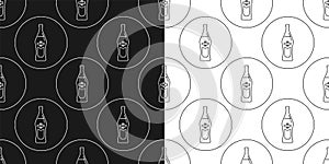 Two view seamless pattern of bottle of vermouth in flat style in form of thin lines. In the form of background is circle. Repeat