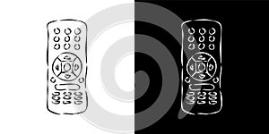 Two views hand remote control. Hand drawn illustration on white and black background. Multimedia panel with shift buttons. Program