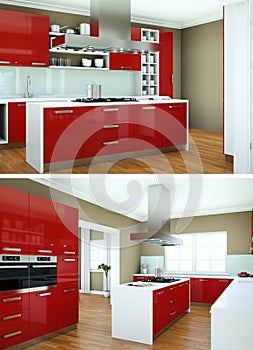 Two views of modern red kitchen Interior design