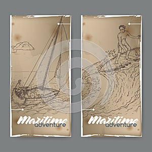 Two vintage banners with sailboat and surfer sketch. Maritime adveture series.