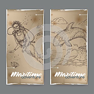 Two vintage banners with scuba diver and jumping whale sketch. Maritime adveture series.