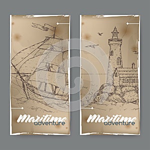 Two vintage banners with tall ship and lighthouse sketch. Maritime adveture series.