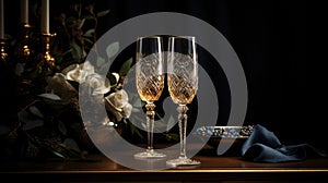 Two vintage champagne glasses on a dark background of the lux served table