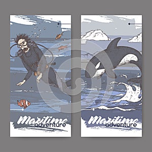 Two vintage colol banners with scuba diver and jumping whale sketch. Maritime adveture series.
