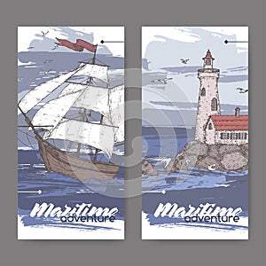 Two vintage color banners with tall ship and lighthouse sketch. Maritime adveture series.
