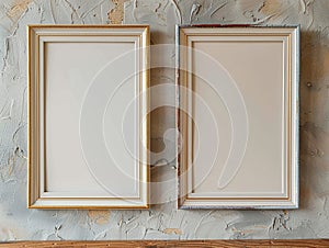 Two vintage frames with a white background on a gray concrete wall