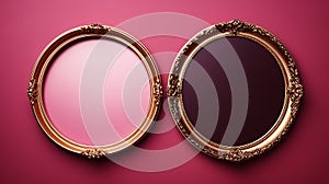 Two vintage golden oval picture frames on pink background