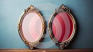 Two vintage golden oval picture frames on pink background