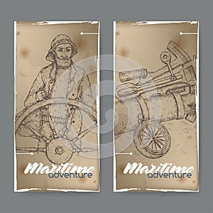 Two vintage labels with old captain and navigational instruments sketch. Maritime adveture series.