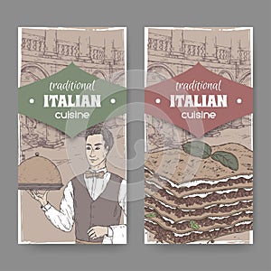 Two vintage labels with waiter, Ilalian pation and lasagna.