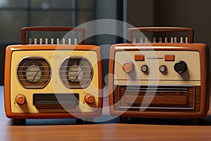 Two vintage radio on the table. Retro broadcast radio. Old retro radio on vintage background.