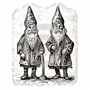 Charming Black And White Gnomes: Vintage Engraving Illustration photo