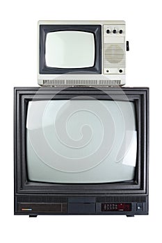 Two vintage televisions isolated on a white background.