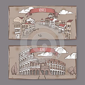 Two vintage travel banners with Grand Canal in Venice and Colosseum in Rome, Italy.
