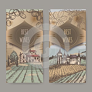 Two vintage wine labels with vineyard and castle color sketch.