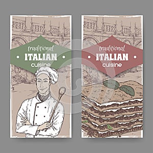 Two vintahe labels with cook, Ilalian patio and lasagna.