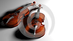 Two Violins laying on a white surface - 3D rendering illustration