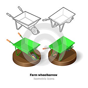Two visual style isometric icons farm wheelbarrow stock vector illustration