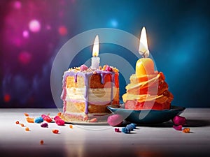 two vivid cakes with candles