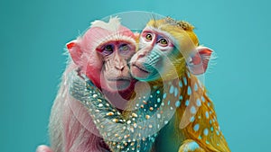 Two vividly colored monkeys embrace cuddling hugging symbolizing love friendship and support. Fantasy characters concept