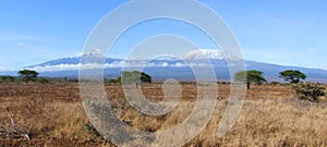 Two Volcanic Cones of Kibo and Mawenzi Kilimanjaro and the savannah Landscape of Ambesoli National Park Kenya Africa