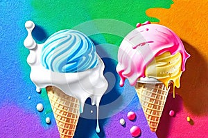 Two wafer funnels, several scoops of ice cream. photo